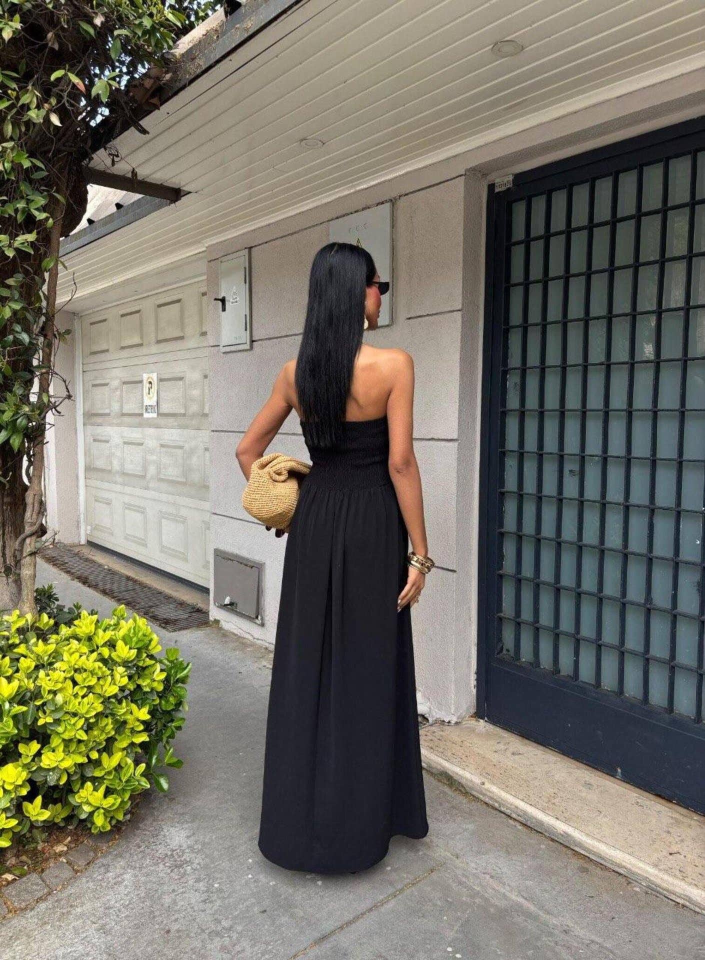 Solid-color strapless waist-cinching long dress