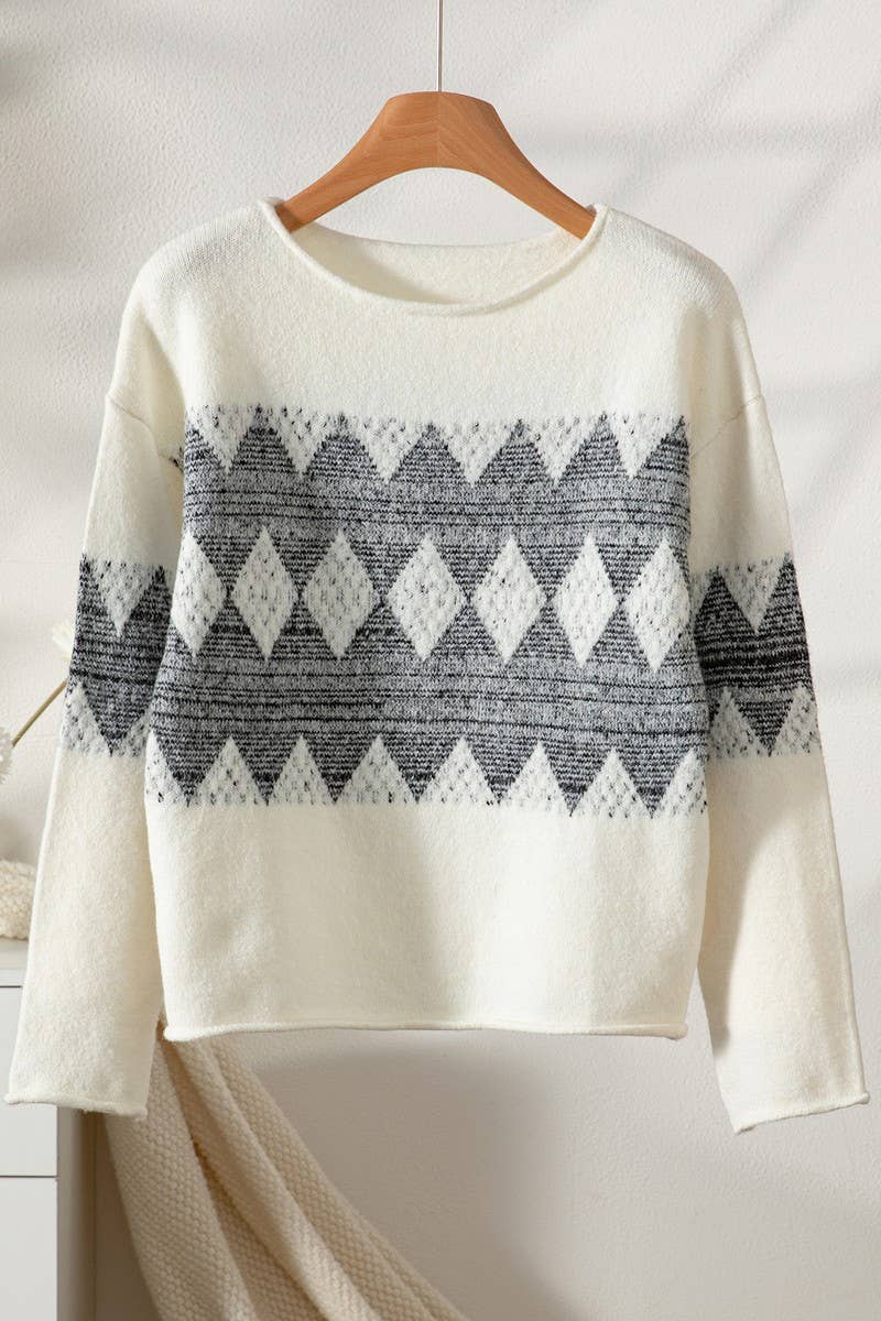 CWOSWL07460_OFF SHOULDER COLORBLOCK ARGYLE KNIT SWEATER