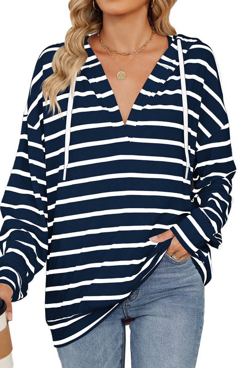 CWOHOL0718_DRAWSTRING HOODED STRIPED LONG SLEEVE SWEATSHIRT
