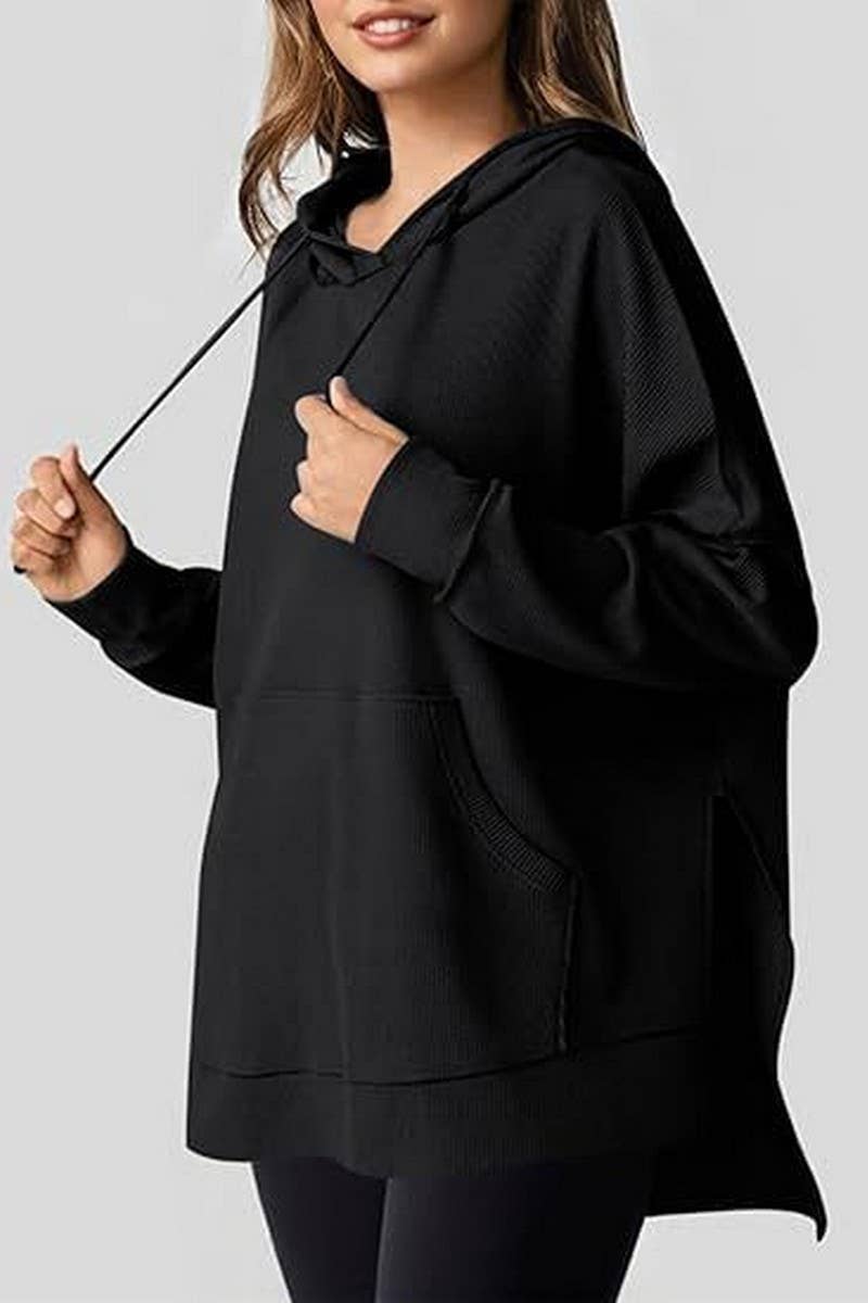 CWOHOL00633_RELAXED WAFFLE KNIT SIDE SLIT HOODED PULLOVER