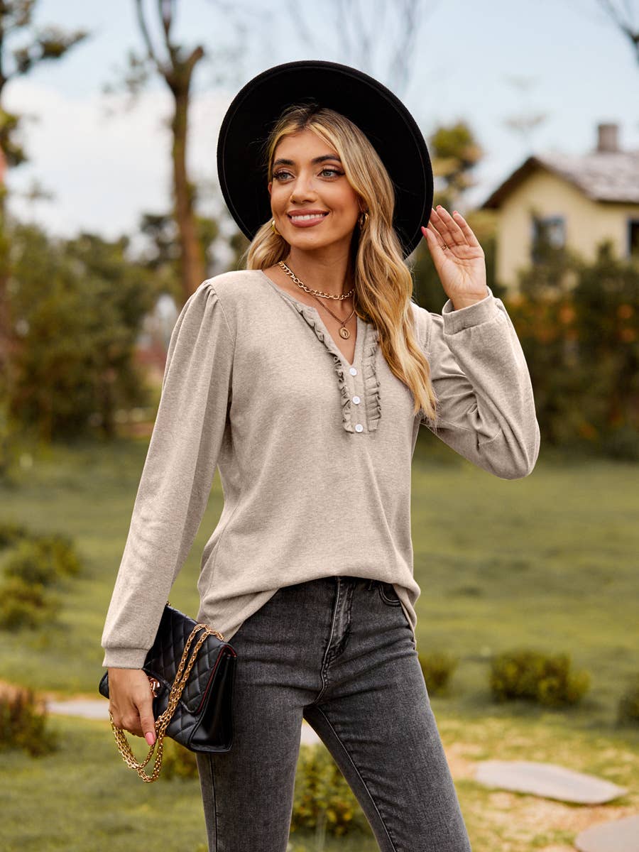 SOLID COLOR V-NECK BUTTON-DOWN WOODEN TRIM TOP