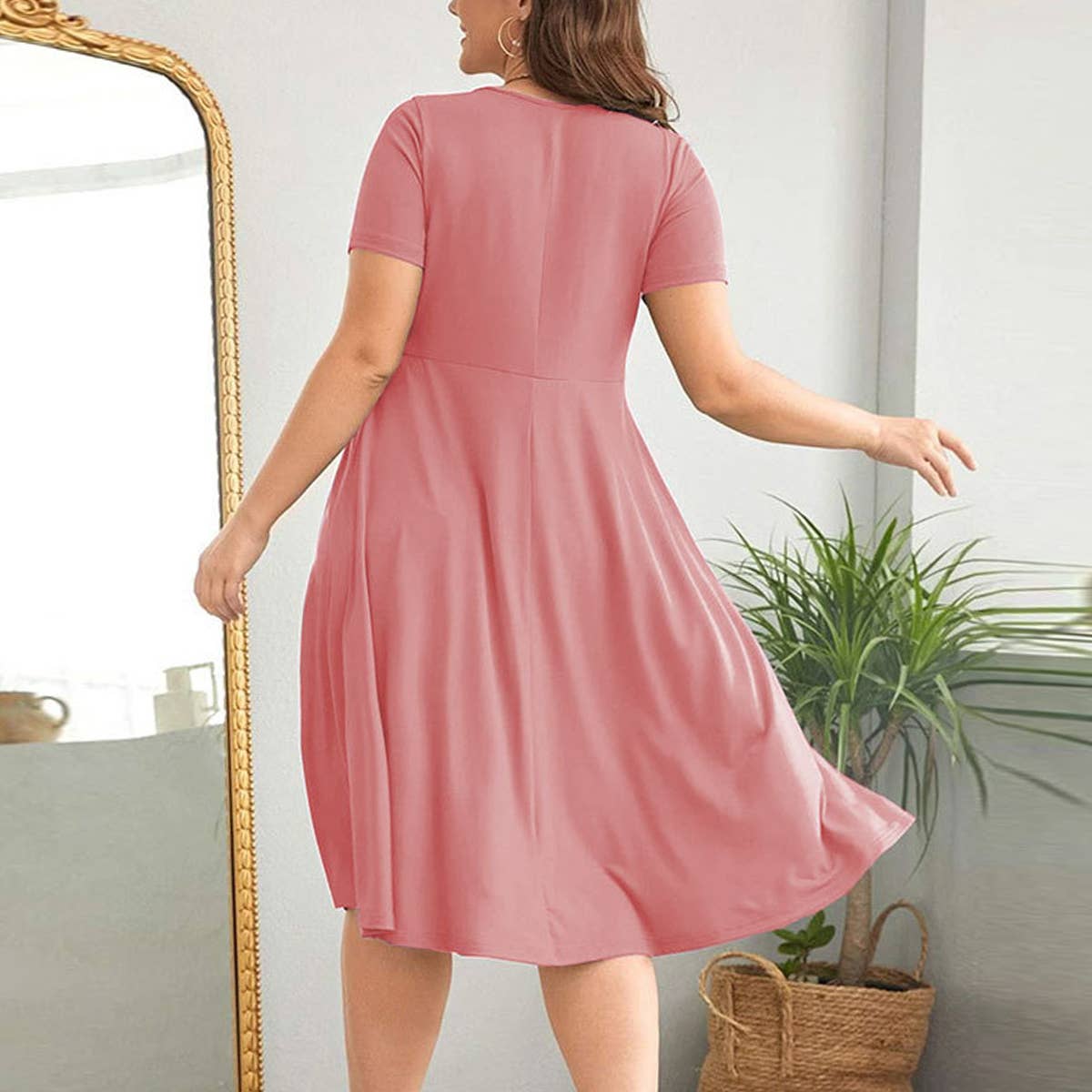 V NECK SINGLE ROW BUTTON SHORT SLEEVE SWING DRESS