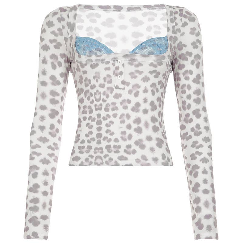 Leopard print lace fake two square collar top