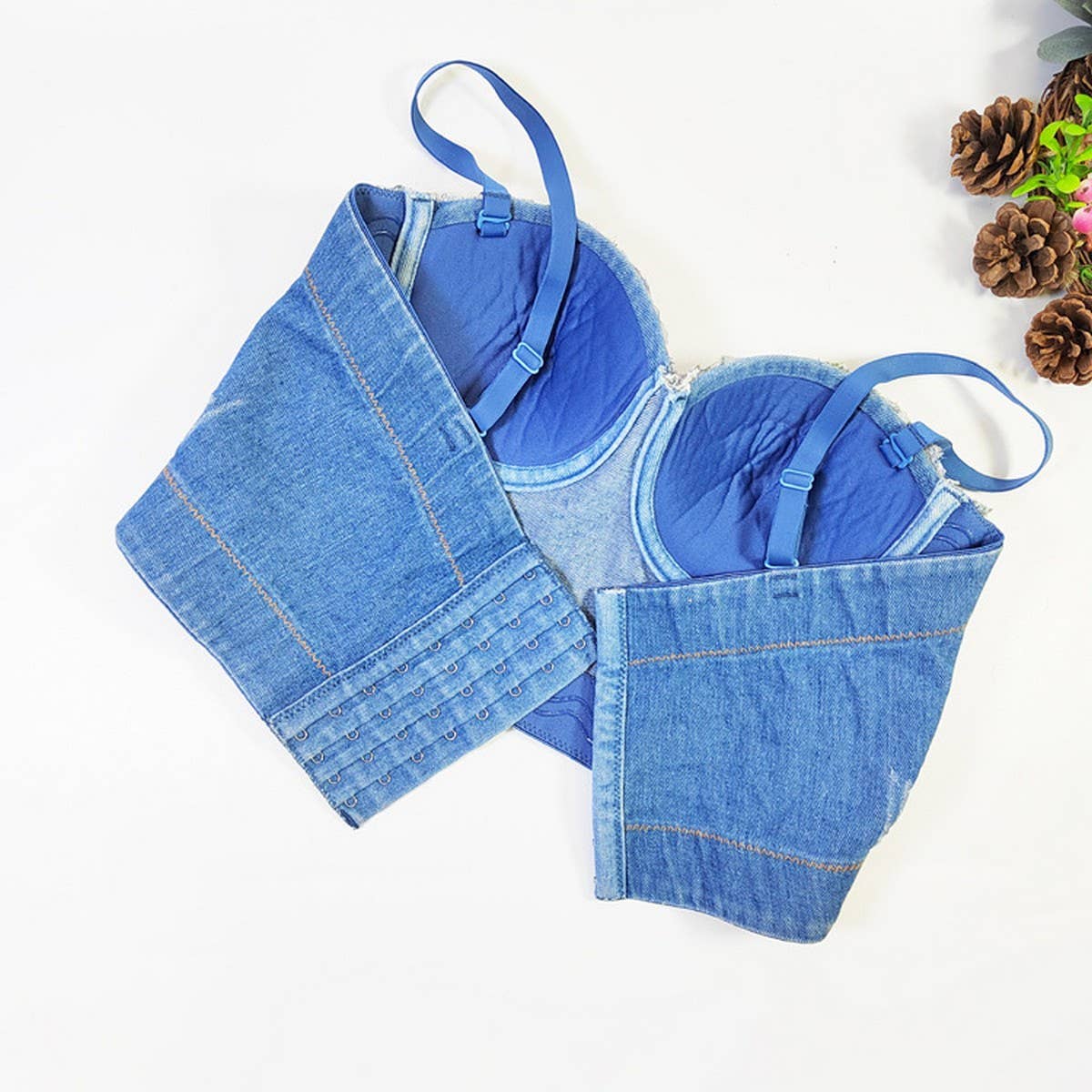 HIGH-END DENIM FLOWER PATCHWORK HERRINGBONE BRA