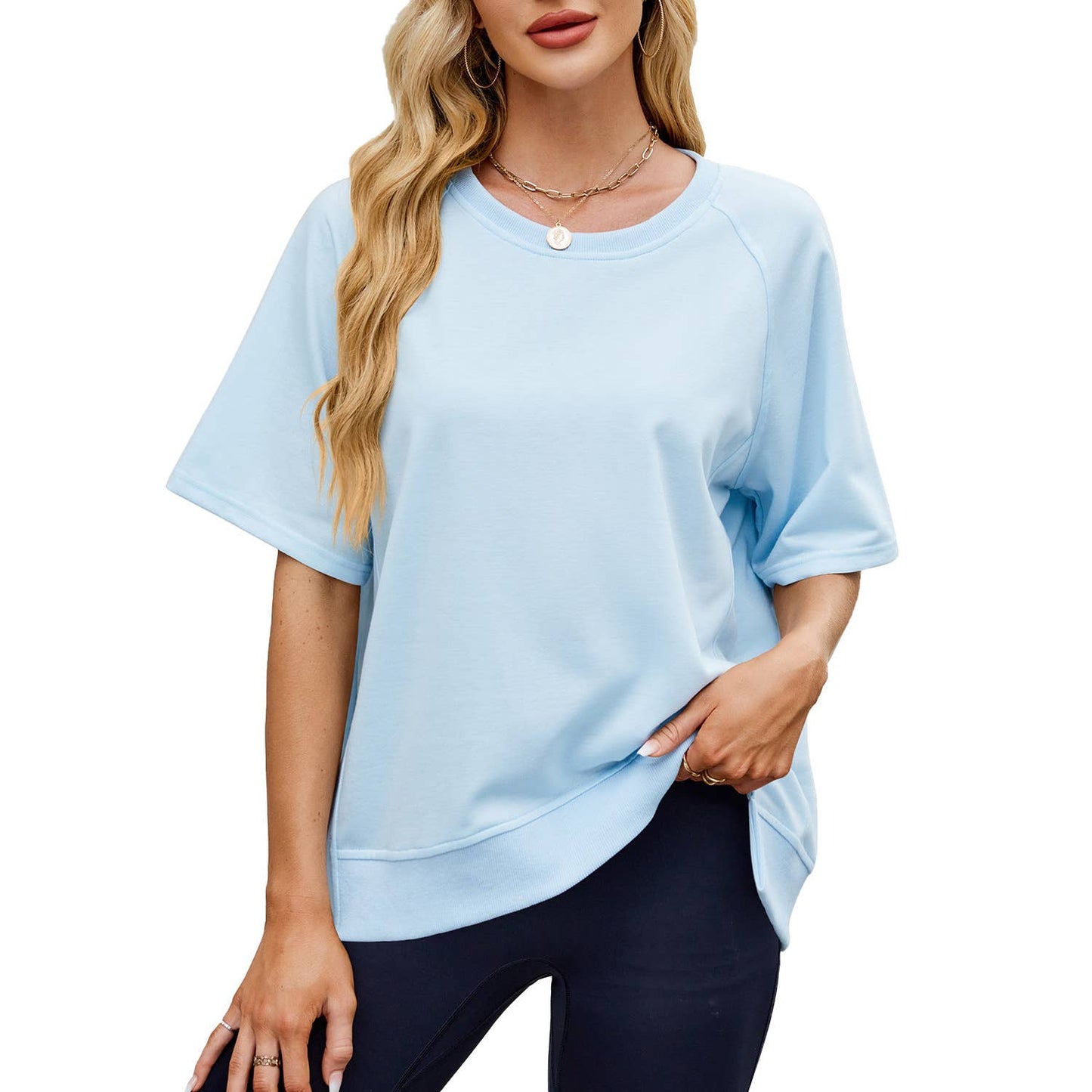 Solid color screw-neck loose short-sleeved hoodie