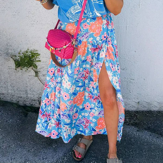 Holiday floral print fashion side slit long skirt