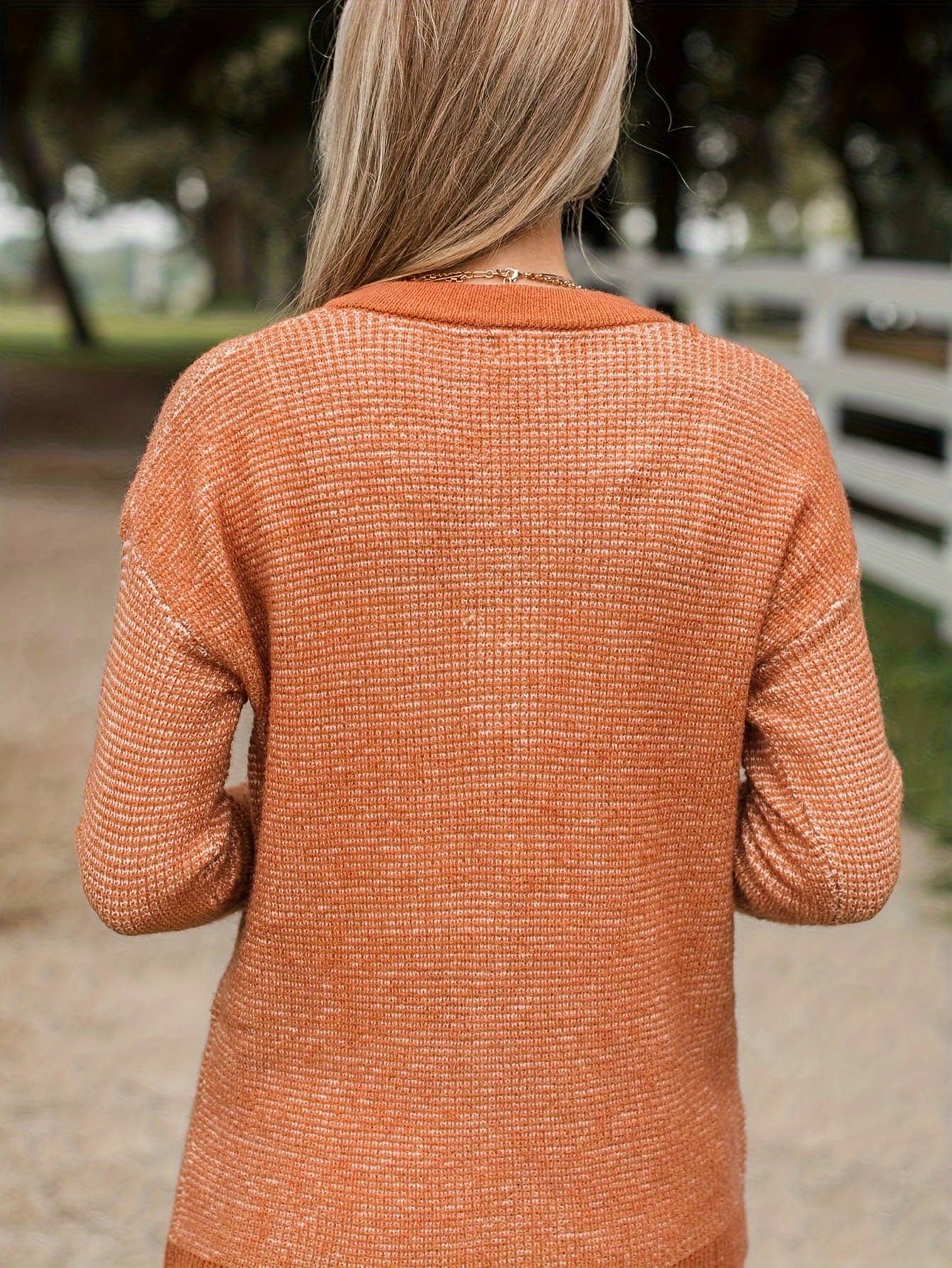 Solid-color loose knitted V-neck button sweater