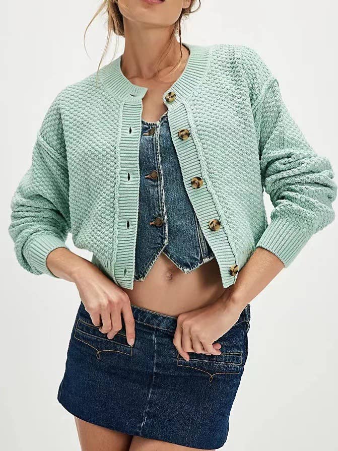 Round-neck street casual solid-color cardigan
