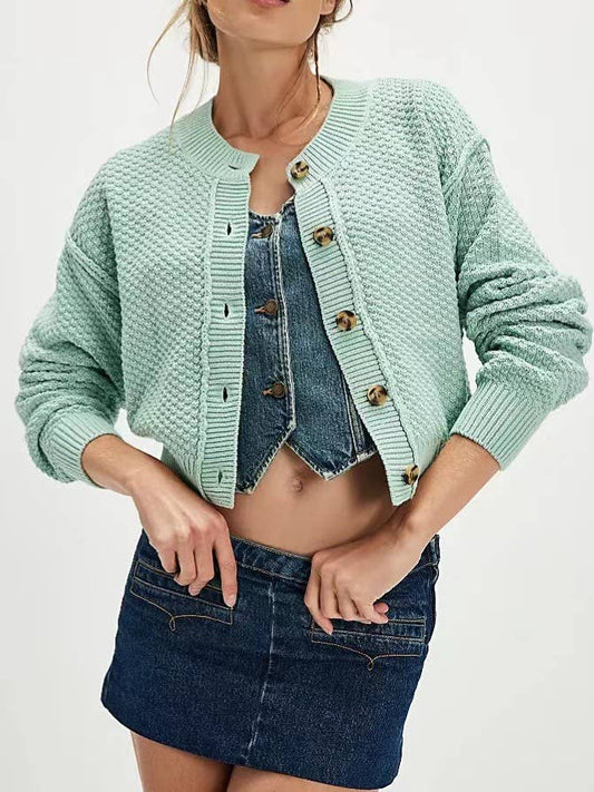 Round-neck street casual solid-color cardigan