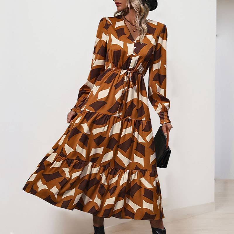 TEMPERAMENT V-NECK BUTTON-UP LONG DRESS