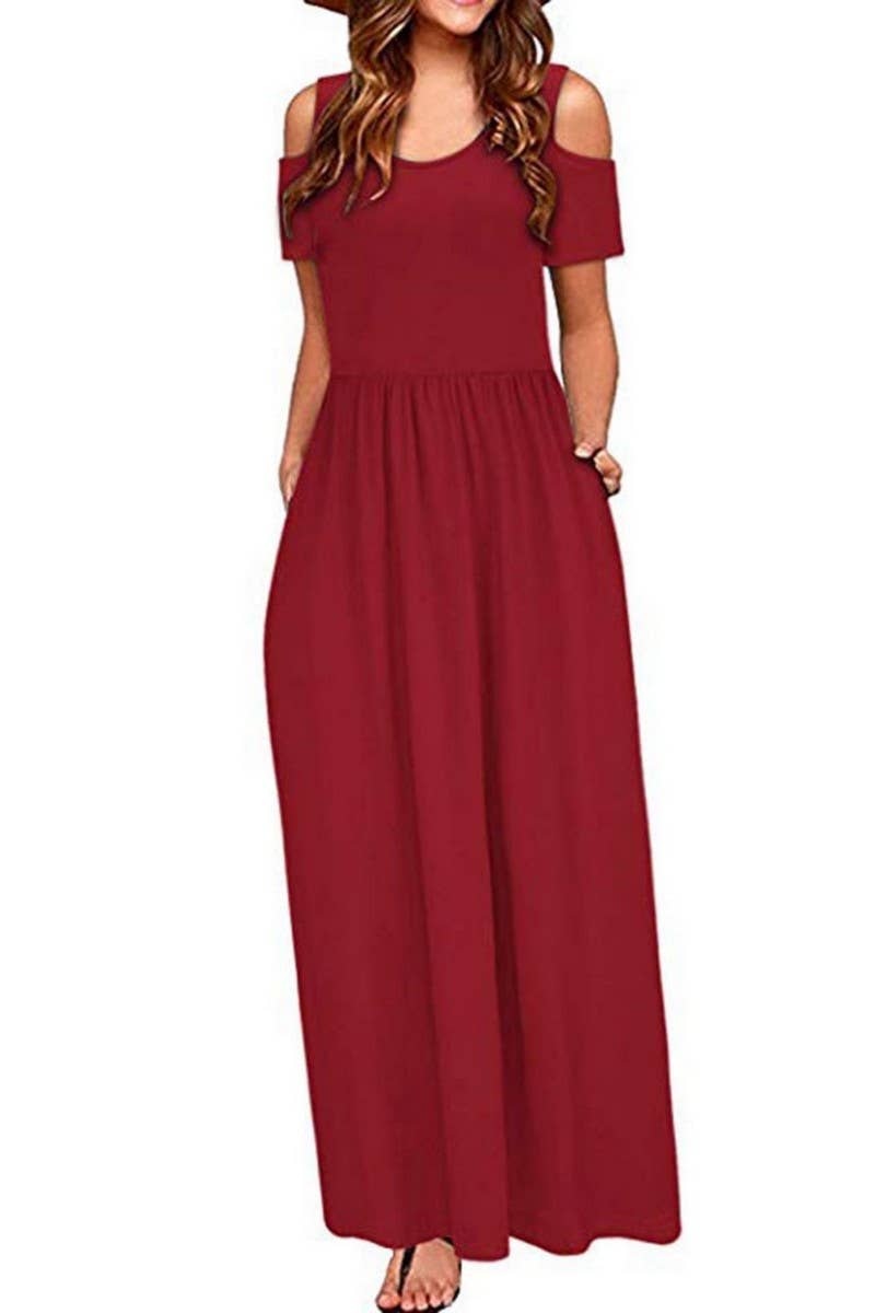 CWDMD2070_ROUND NECK FASHIONABLE SHORT SLEEVE LONG DRESS