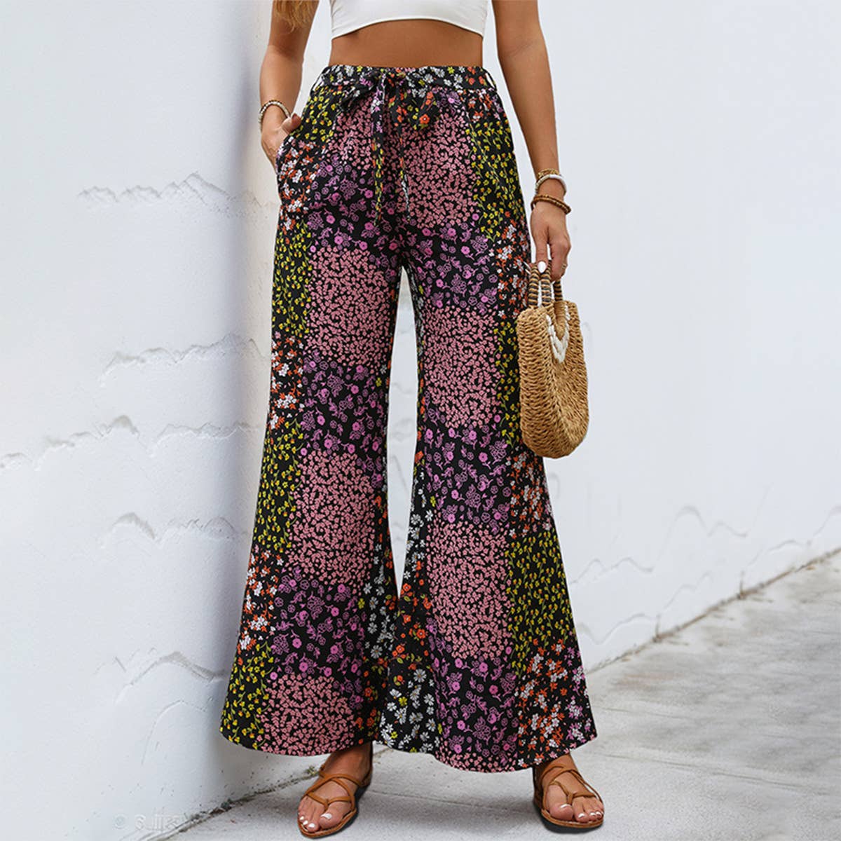 Casual lace-up printed high-waisted trousers
