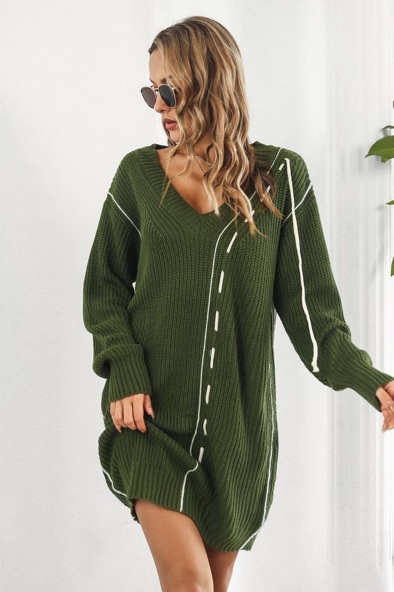 CWDSD7333_LOOSE NEW V-NECK LONG-SLEEVED SWEATER DRESS