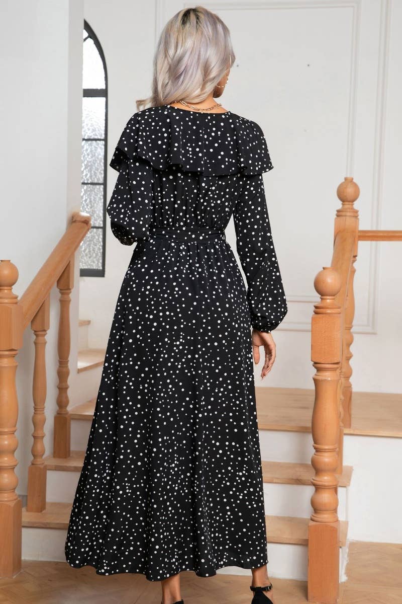 CWDMD3956_V-NECK POLKA DOT LONG SLEEVE HIGH SLIT DRESS