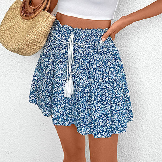 Floral Tiered Mini Skirt with Tassel Tie