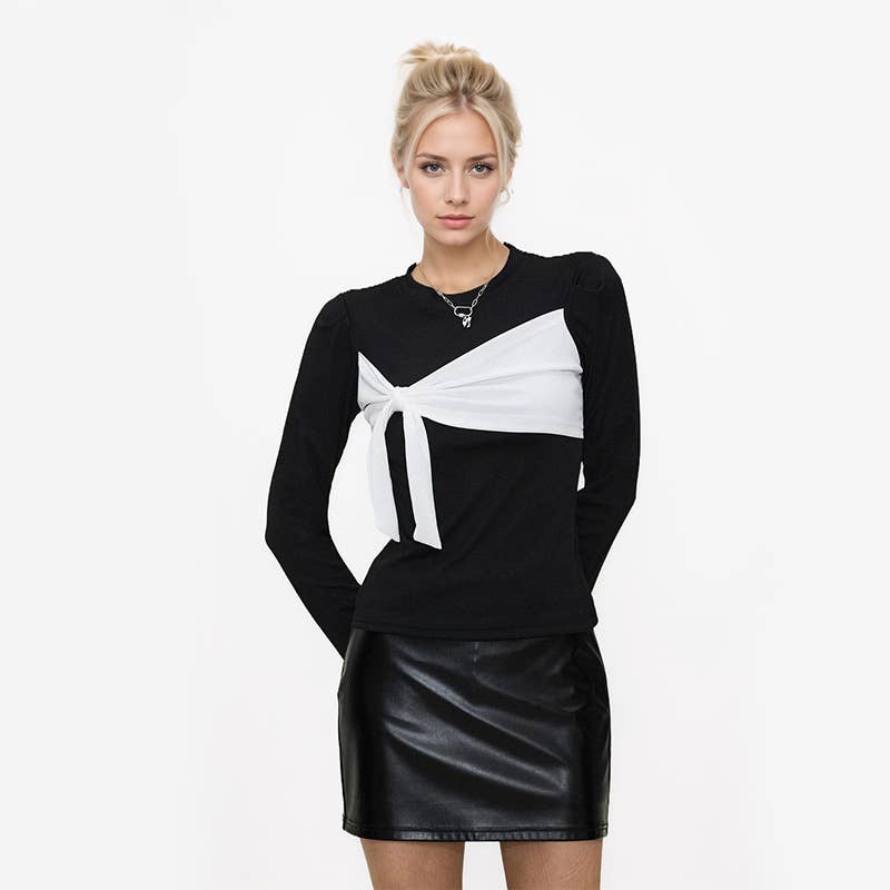 SLIM ROUND NECK LACE-UP PULLOVER BOW T-SHIRT