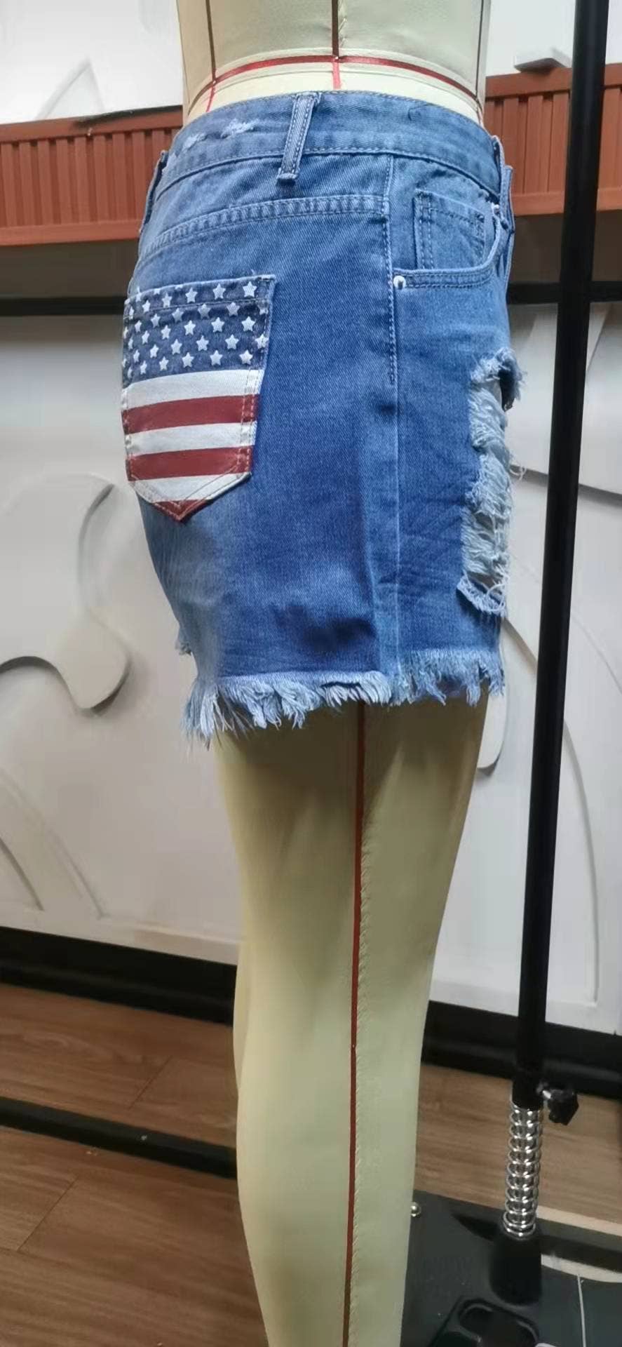 USA Flag Print Distressed Button Fly Denim Shorts