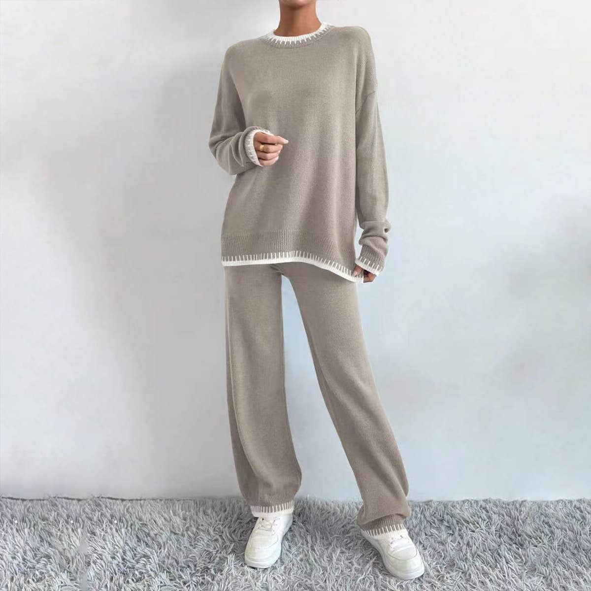 Two-piece of color-blocking sweater and trousers