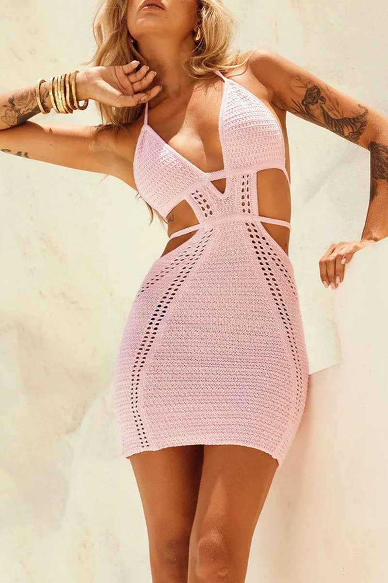 CWDSD7815_SEXY HALTERNECK HOLLOW SUSPENDER DRESS