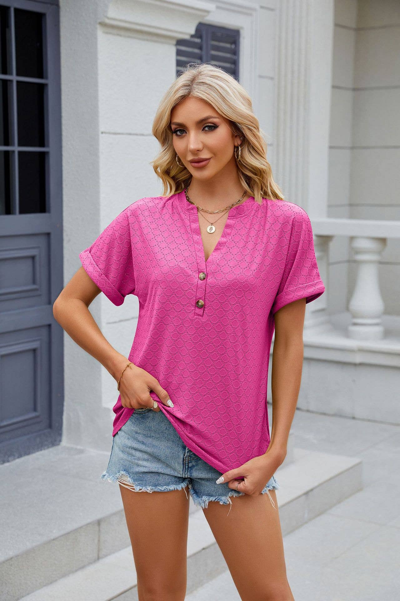 Solid color V-neck loose short-sleeved T-shirt