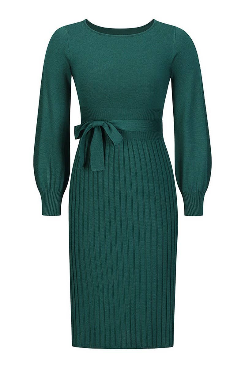 CWDMD4002_ROUND NECK TIE PLEATED MID-LENGTH KNITTED DRESS