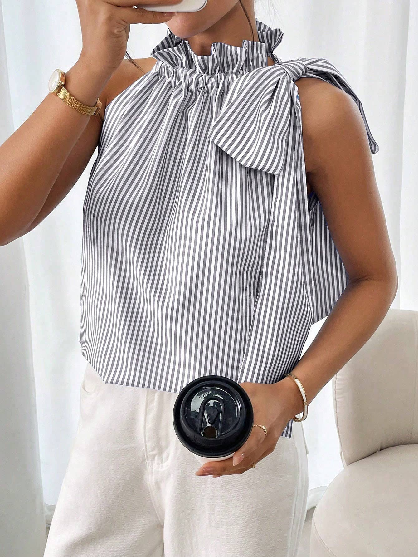 Fashion striped lace high-neck knot-tied T-shirt