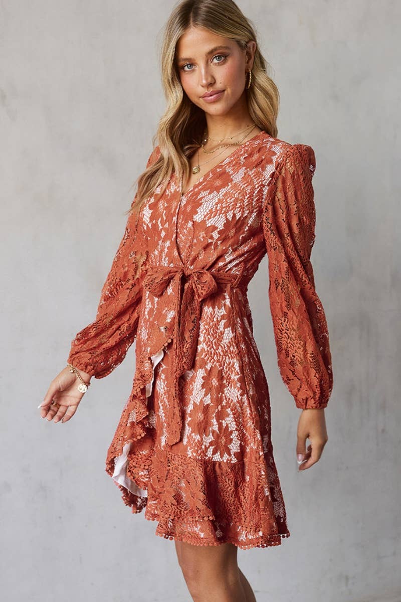 CWDSD6589_LACE DEEP V PATCHWORK LACE-UP DRESS SHORT