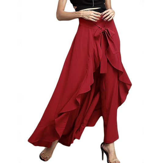 HIGH-WAISTED LONG FLANGED CHIFFON WIDE-LEG PANTS
