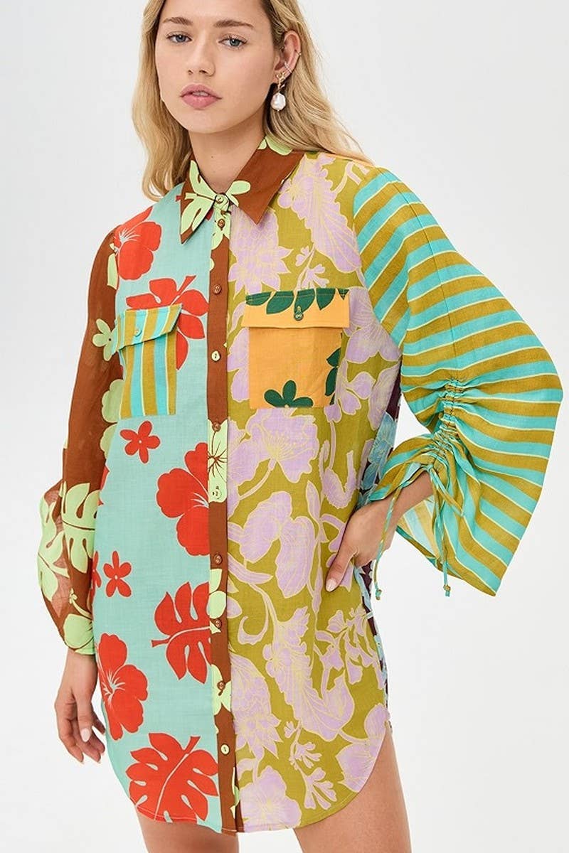 CWDSD8273_NEW CASUAL COLORBLOCK SLIT LONG SHIRT DRESS