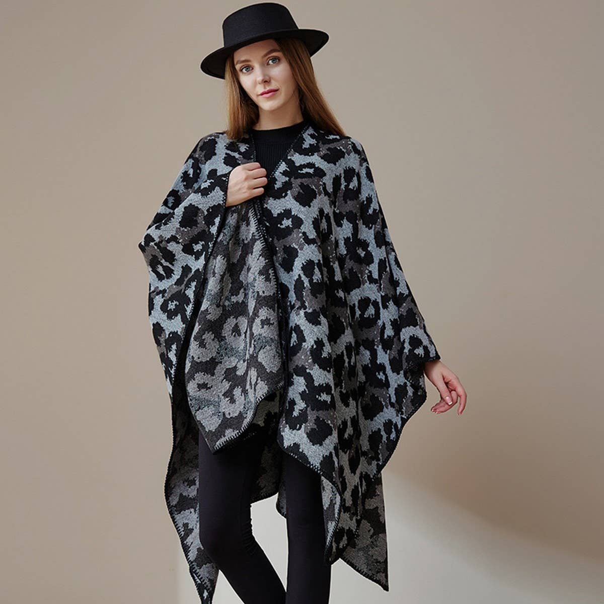 SHAWL KNITTED CAPE LEOPARD PRINT THICK WARM SCARF
