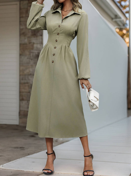 Solid A-line dress with a lapel cinched waist