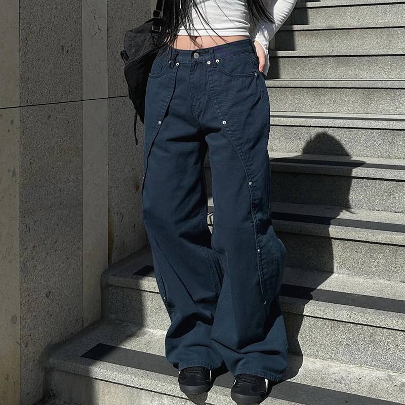 RIVET SPLIT LOW-RISE BAGGY DROP WIDE-LEG JEANS