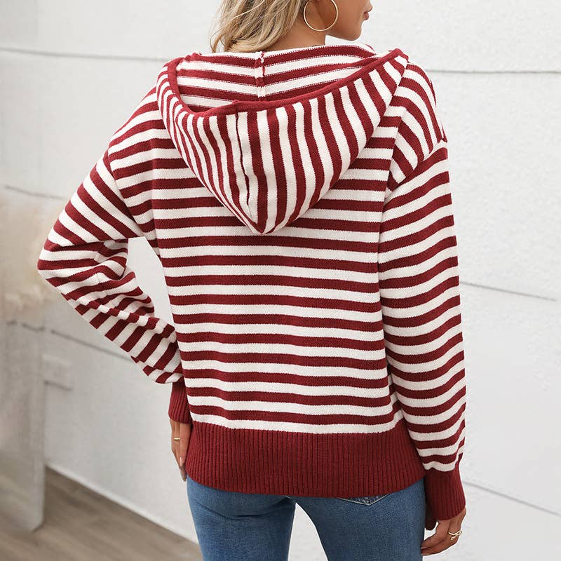 V-NECK STRIPED PULLOVER HALF-ZIP HOODED SWEATER