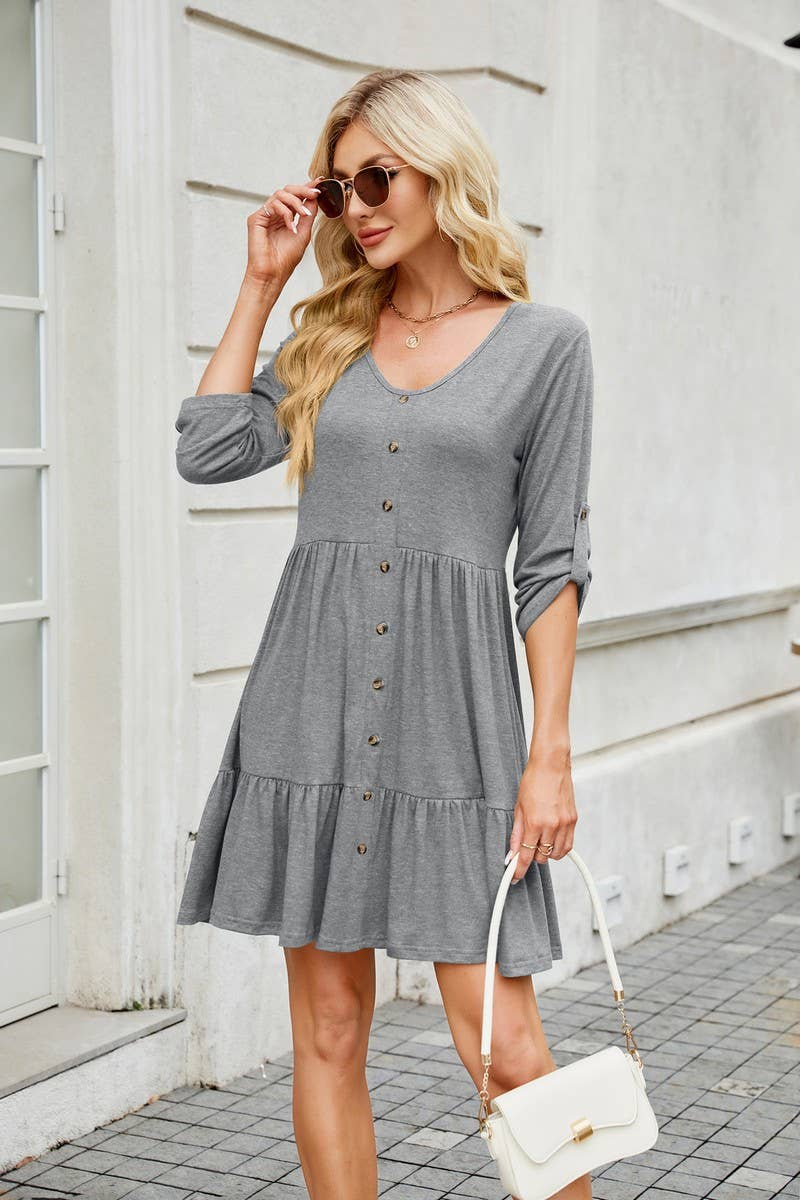 CWDSD8716_V-NECK LONG SLEEVE BUTTON FRONT LOOSE SOLID DRESS