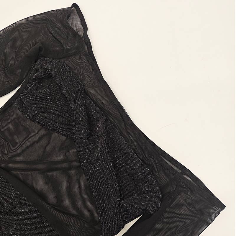 Off Shoulder Sheer Glitter Mesh Dress