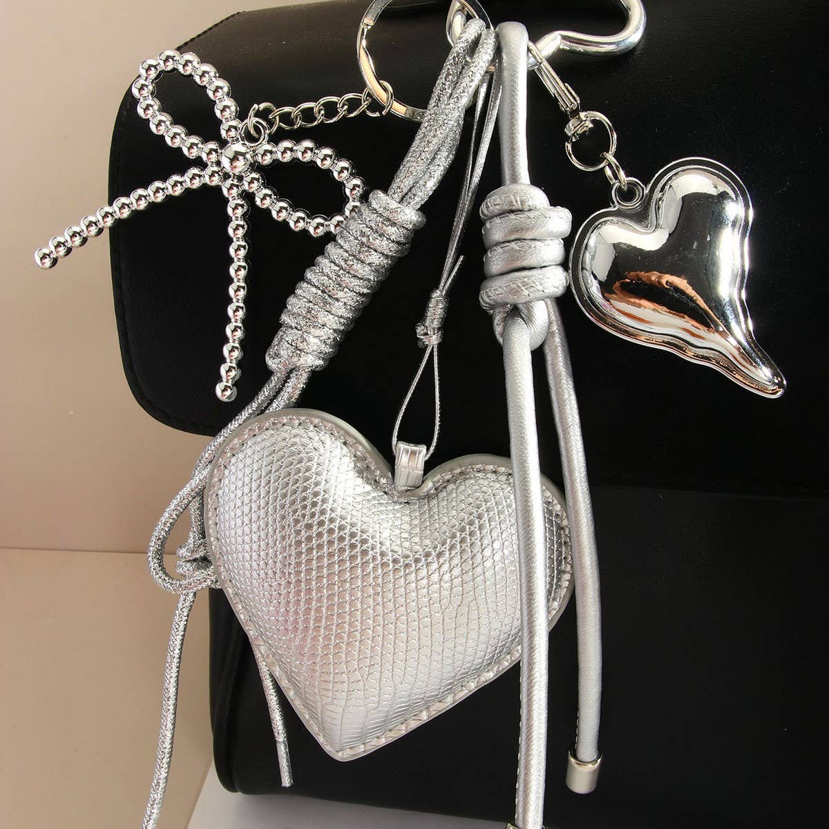Elegant Silver Heart & Bow Bag Keychain