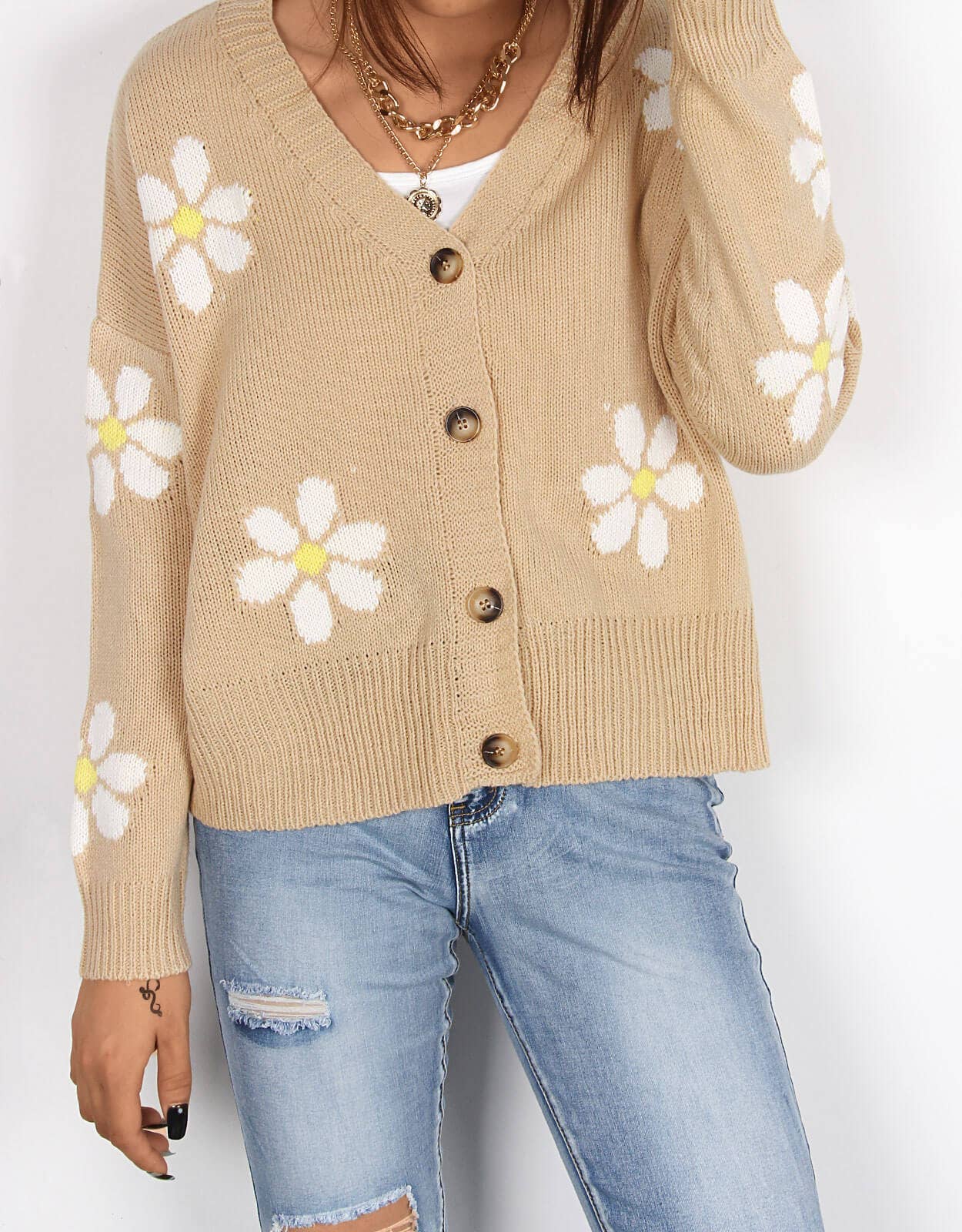 V-NECK FLORAL SINGLE-BREASTED KNIT CARDIGAN