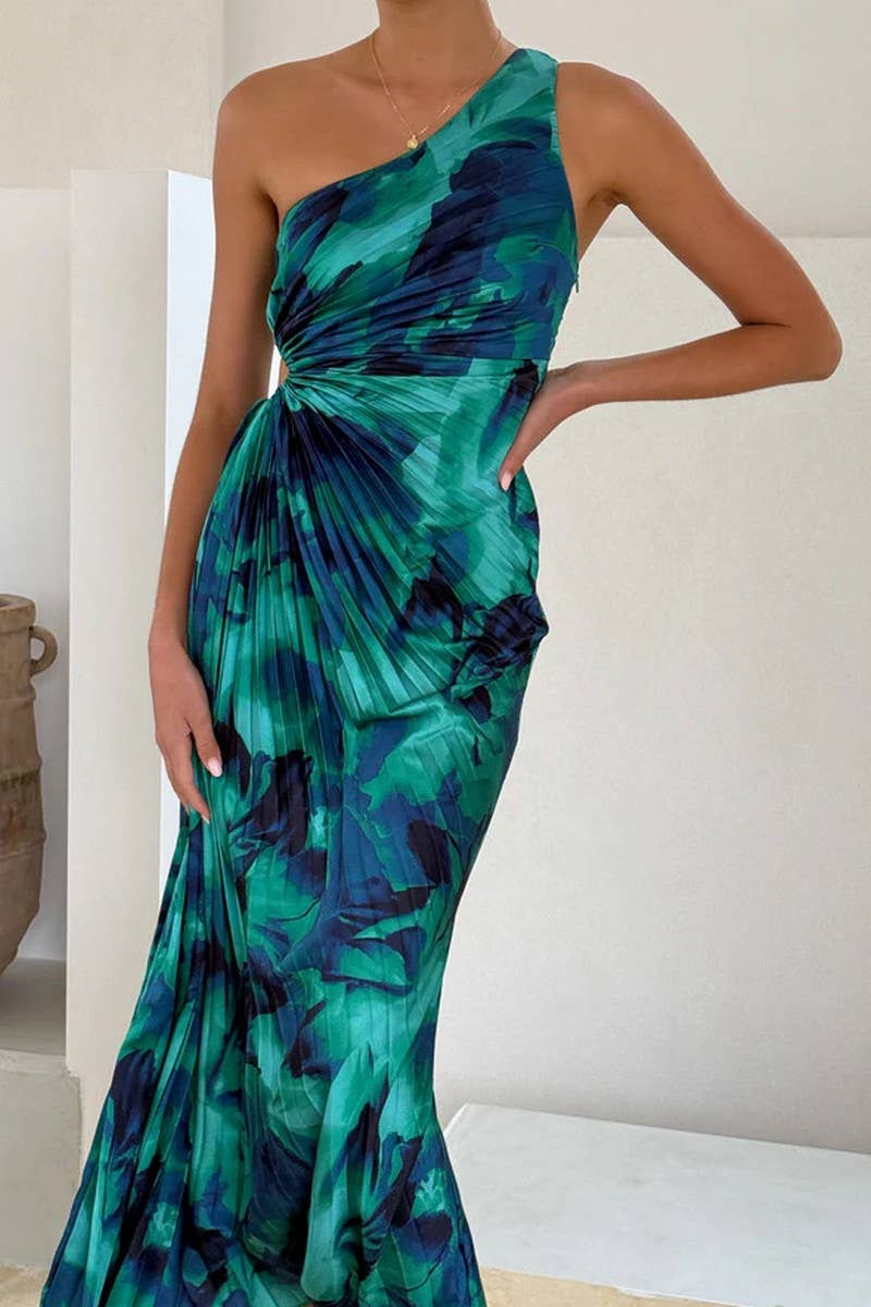 CWDMD5184_ASYMMETRICAL ONE-SHOULDER PLEATED PRINT DRESS