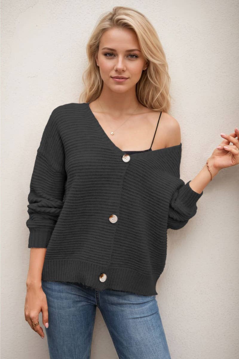 CWOCAL2209_V-NECK BUTTON LONG-SLEEVED SWEATER CARDIGAN