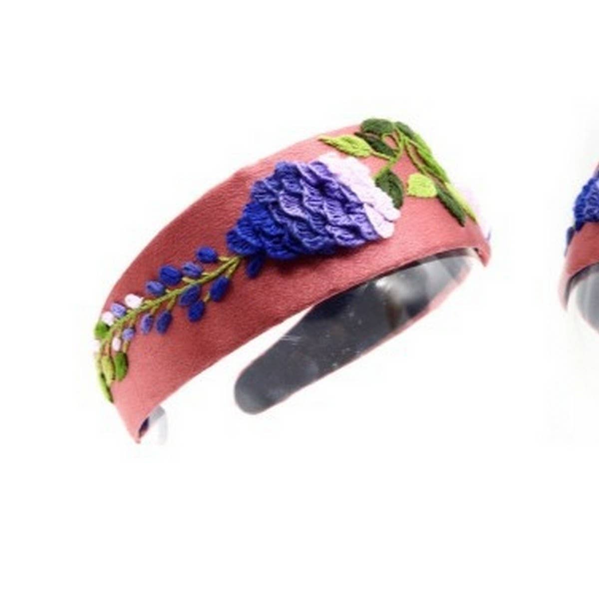 Embroidered Purple Vine Headband with Floral Art