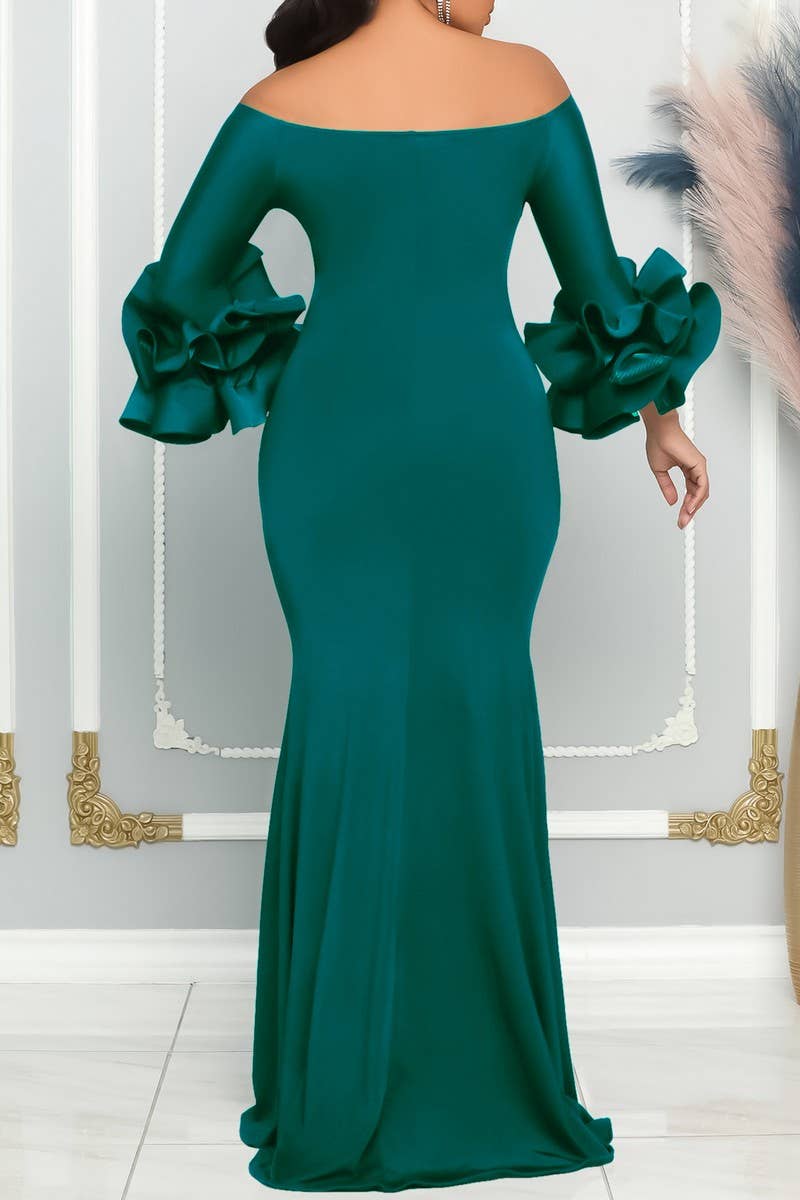 CWDMD1729_ONE SHOULDER SLIT RUFFLE SLEEVE EVENING MAXI DRESS