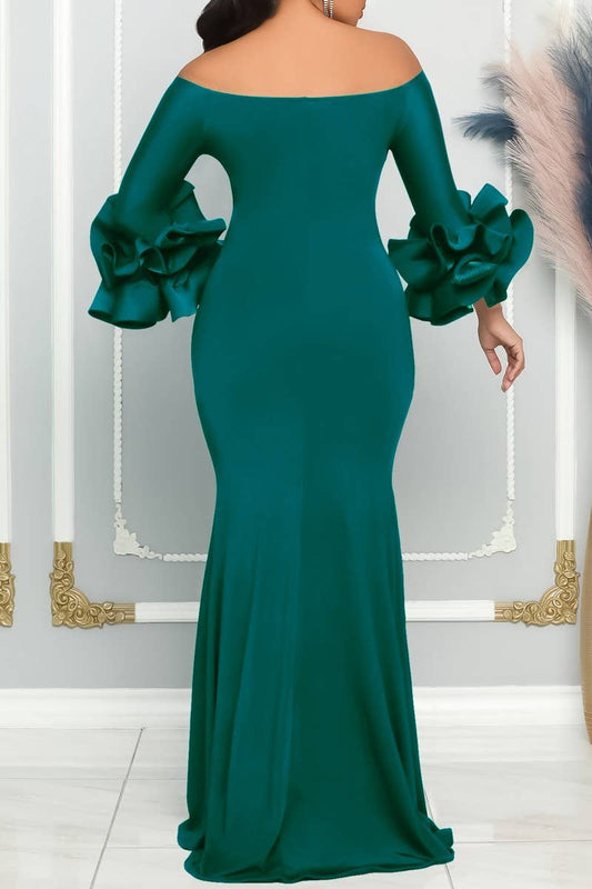 CWDMD1729_ONE SHOULDER SLIT RUFFLE SLEEVE EVENING MAXI DRESS