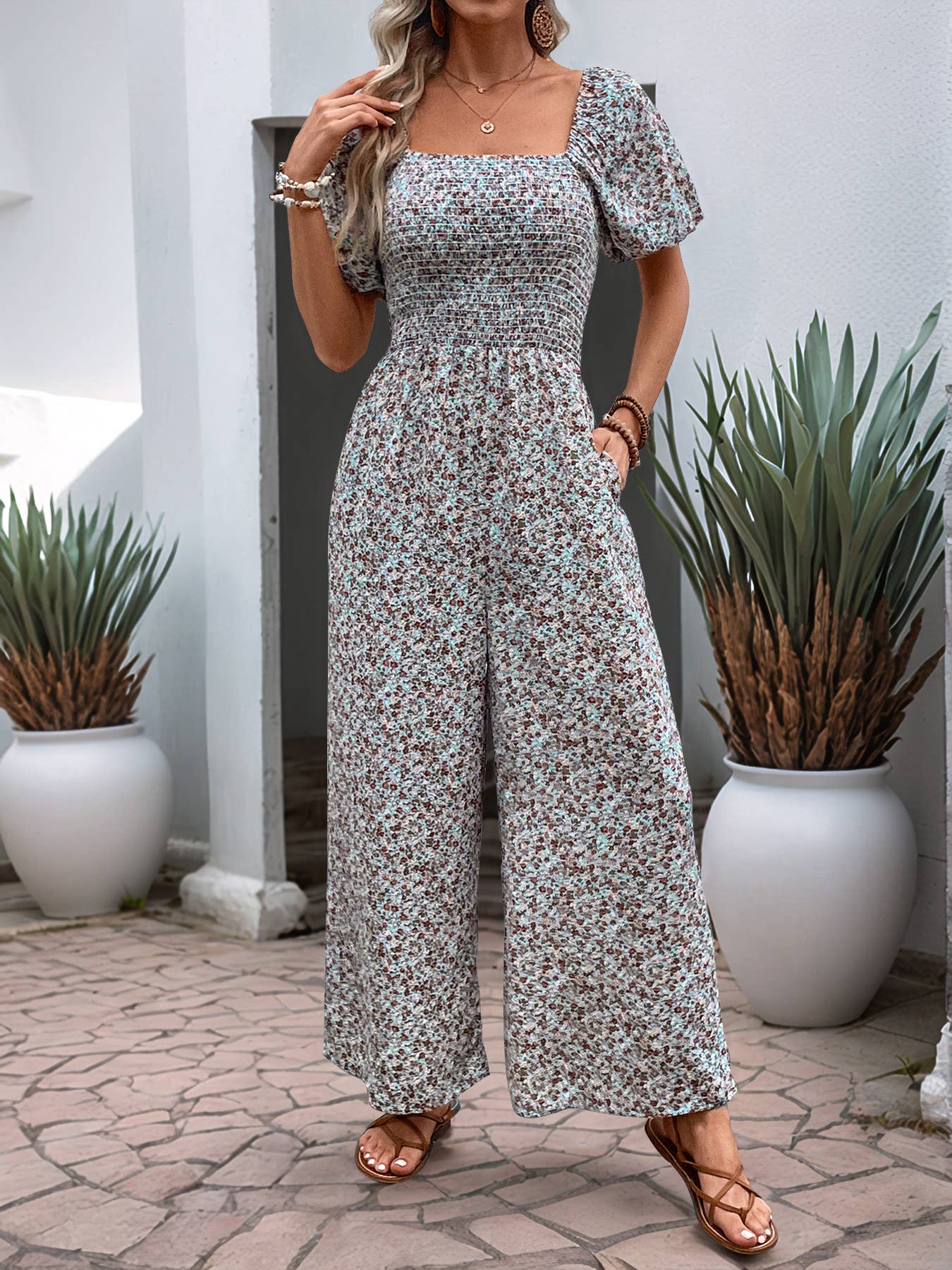 Puffy sleeves slim tight floral print jumpsuit