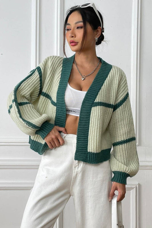 CWOSWL07344_WOMEN COLOR BLOCK KNIT CASUAL CARDIGAN