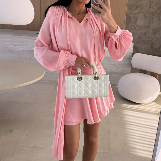 Solid-color long-sleeved V-neck lace-up dress