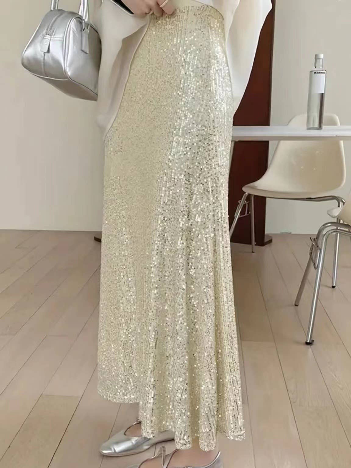 Sequined high-waisted inner elastic drape skirt