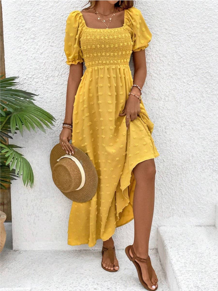 Solid color swiss polka dot square collar dress