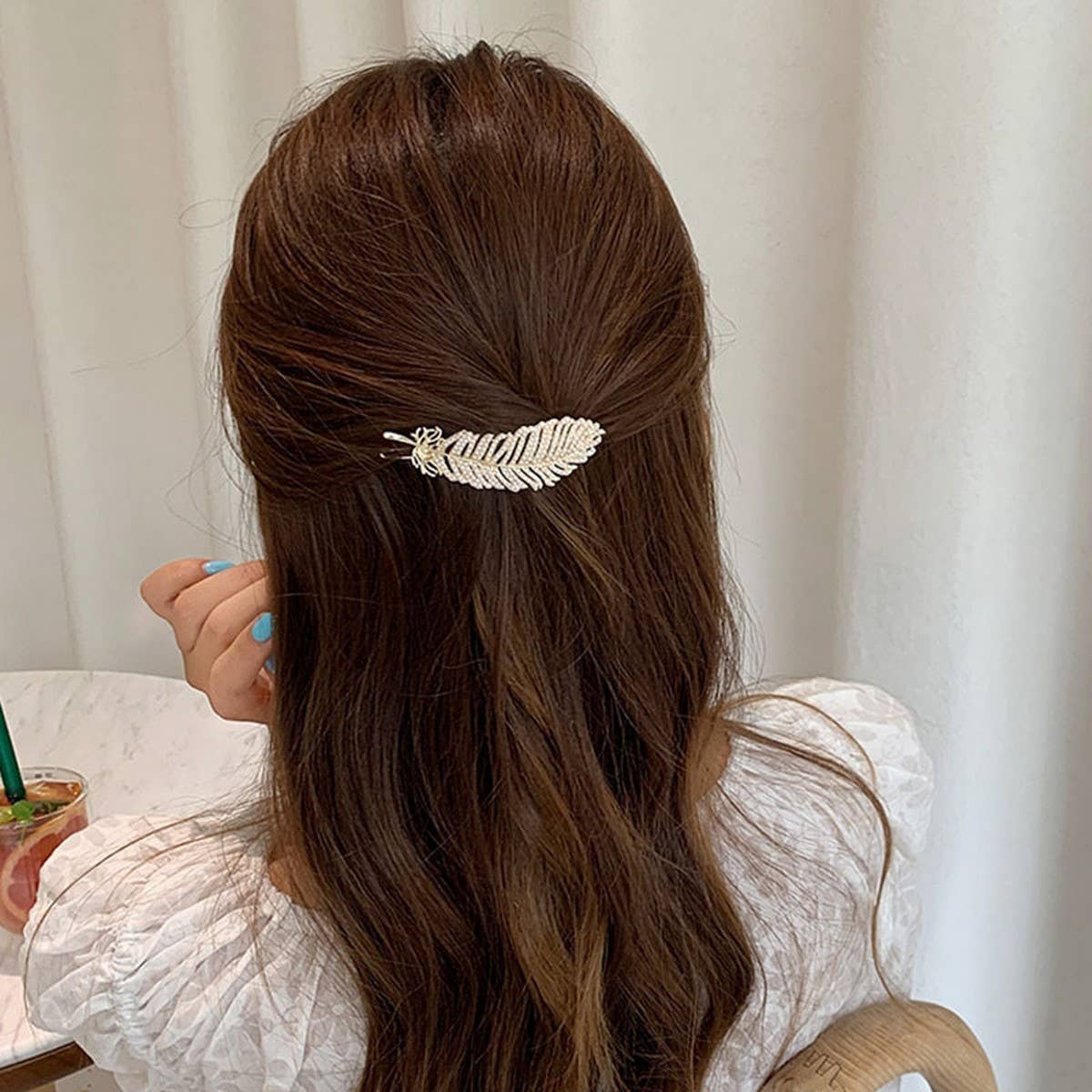Pearl Feather Hair Clip, Gold Frog Buckle Side Pin_CWAHA4704