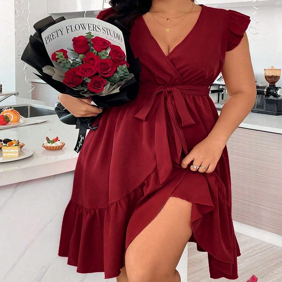 V-Neck Solid Color Tie Waist Ruffle Sleeve Dress