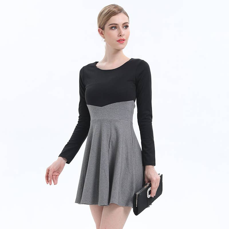 ROUND NECK TEMPERAMENT CONTRAST COLOR SLIM DRESS